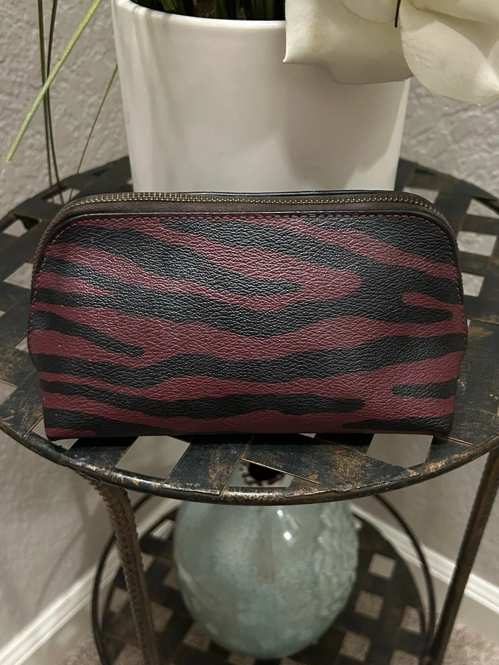 COACH Men's Burgundy and Black Zebra Print Toiletry Pouch